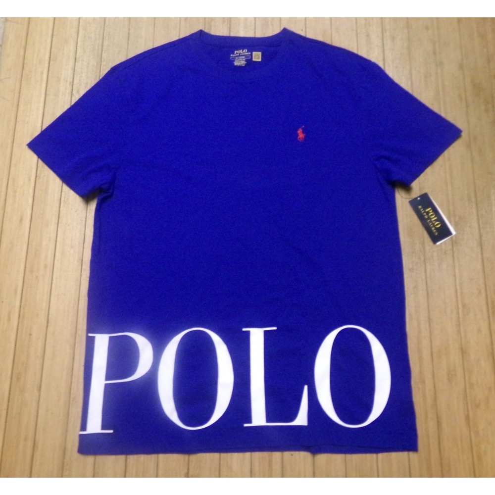 Polo Ralph Lauren Mens Blue Big Logo Graphic T-Shirt Red Pony Crew Neck Medium